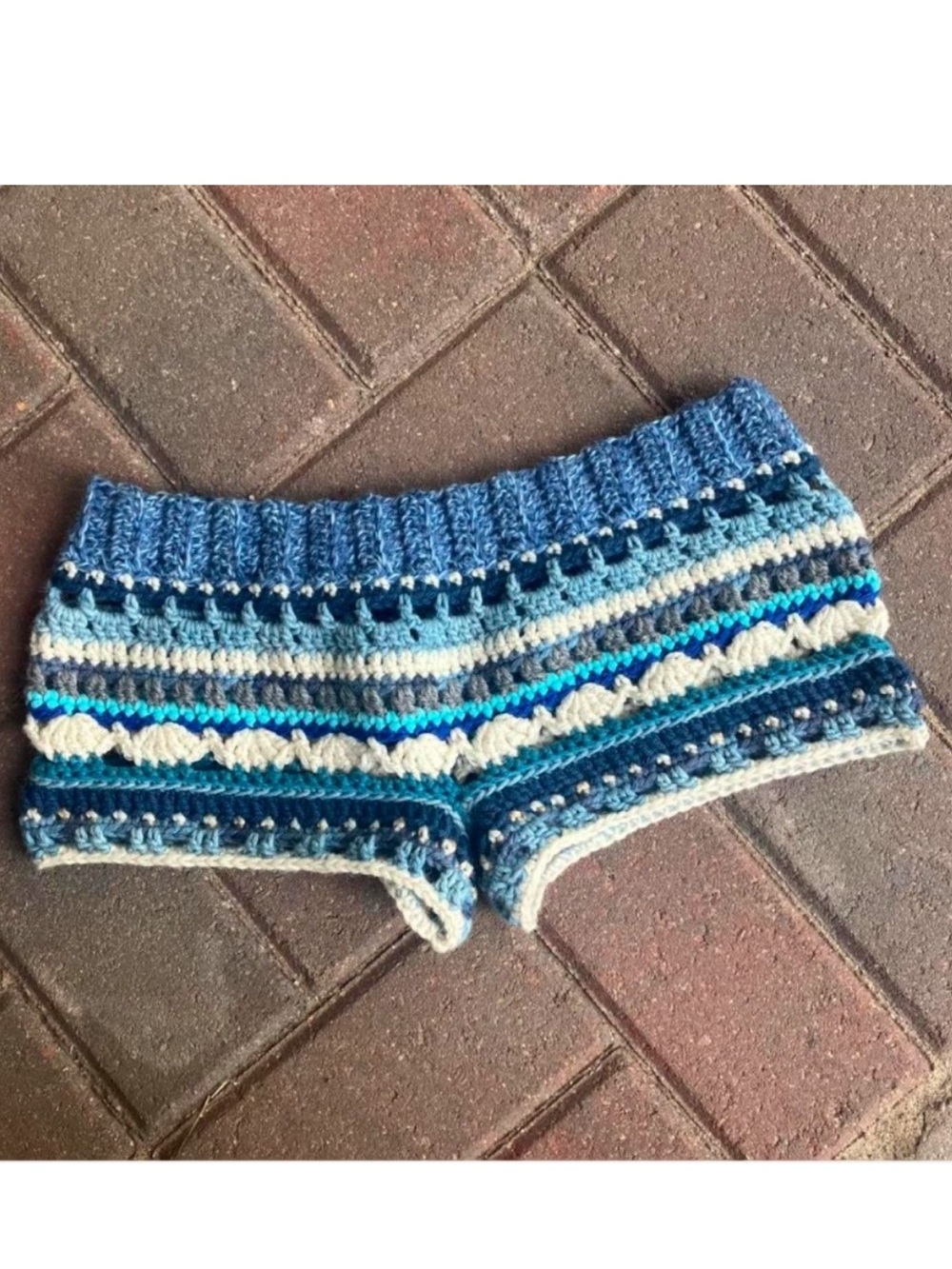Boho Crochet Festival Shorts Handmade Blue Striped Beachy Low Rise Shorts